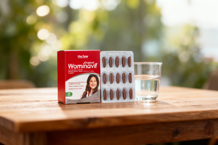 کپسول ومیناویت ویواتیون کنار لیوان آب برای مصرف روزانه